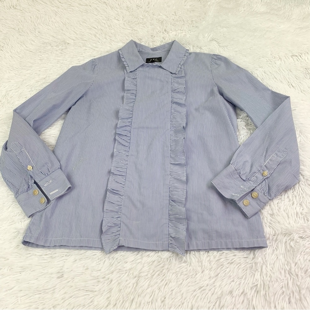 A.P.C. Long sleeve Blue and White Striped ruffles Blouse